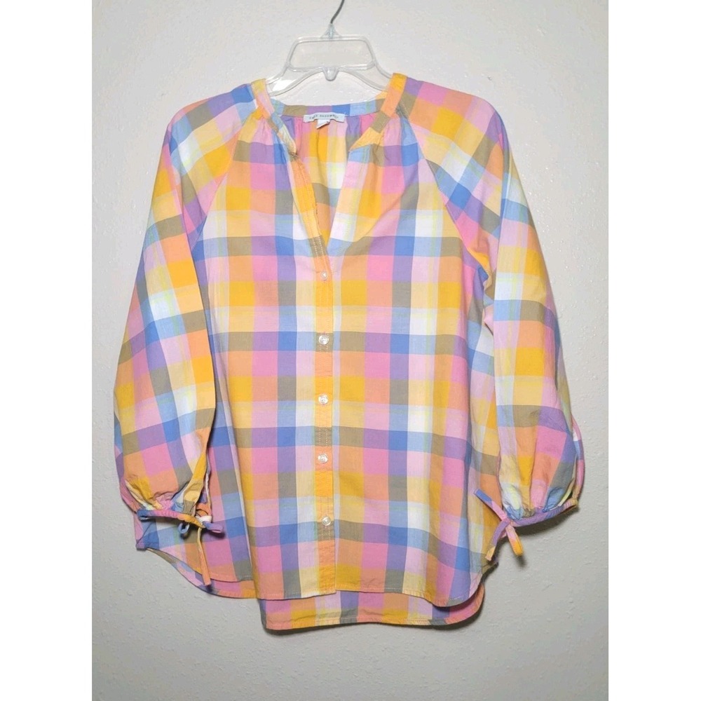 Free Assembly Women's Button- Down Blouse‎ Multi-Color Plaid Tie Sleeve Sz L